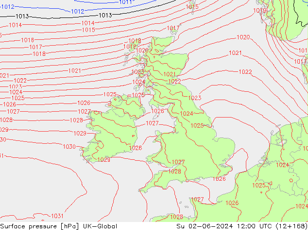 Pressione al suolo UK-Global dom 02.06.2024 12 UTC