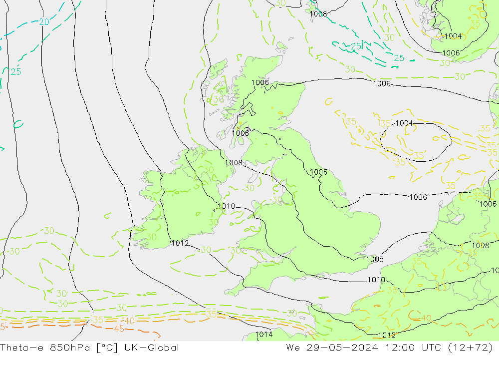 Theta-e 850hPa UK-Global mié 29.05.2024 12 UTC