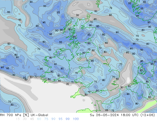Humedad rel. 700hPa UK-Global dom 26.05.2024 18 UTC