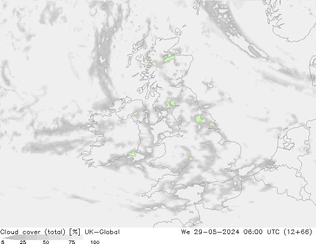 Cloud cover (total) UK-Global We 29.05.2024 06 UTC