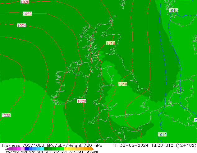 Thck 700-1000 hPa UK-Global Th 30.05.2024 18 UTC