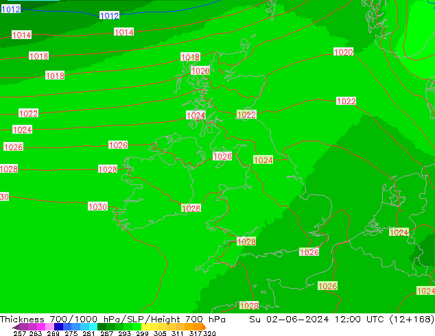 Thck 700-1000 hPa UK-Global Dom 02.06.2024 12 UTC