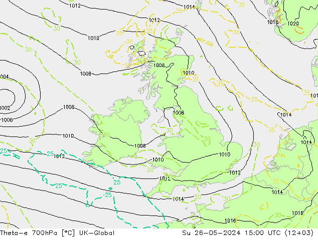 Theta-e 700hPa UK-Global dom 26.05.2024 15 UTC