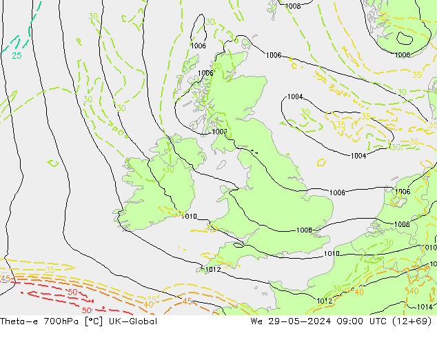 Theta-e 700hPa UK-Global We 29.05.2024 09 UTC