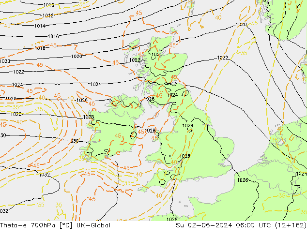 Theta-e 700hPa UK-Global Dom 02.06.2024 06 UTC