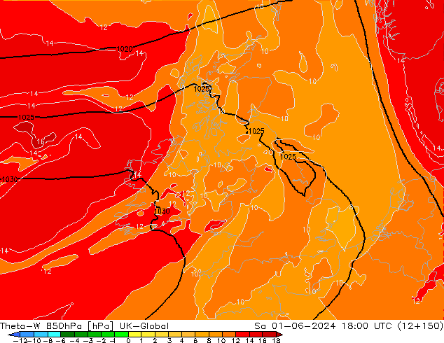 Theta-W 850hPa UK-Global za 01.06.2024 18 UTC
