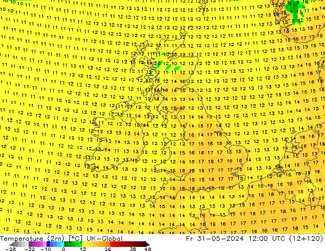 Temperatuurkaart (2m) UK-Global vr 31.05.2024 12 UTC