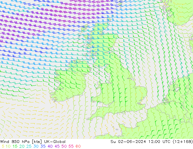 Wind 850 hPa UK-Global Su 02.06.2024 12 UTC