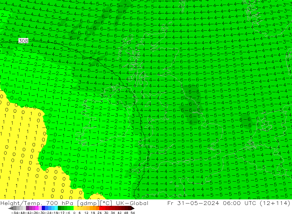 Hoogte/Temp. 700 hPa UK-Global vr 31.05.2024 06 UTC