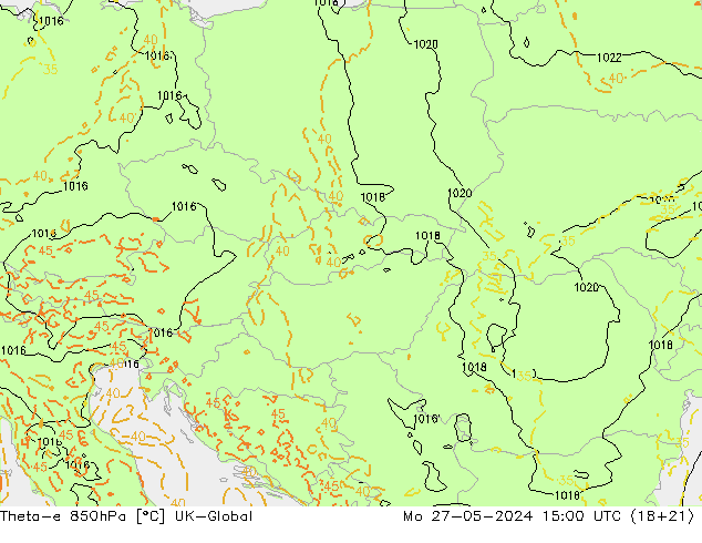 Theta-e 850hPa UK-Global Mo 27.05.2024 15 UTC