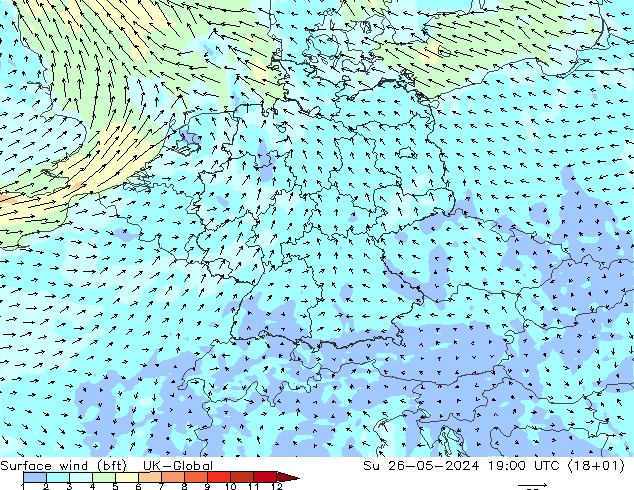 Surface wind (bft) UK-Global Su 26.05.2024 19 UTC