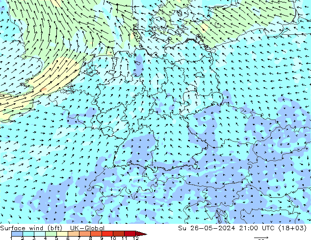 Vent 10 m (bft) UK-Global dim 26.05.2024 21 UTC