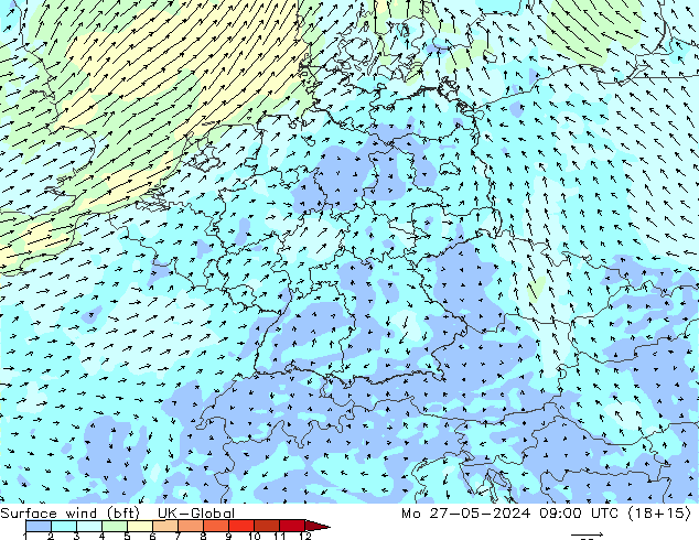 Rüzgar 10 m (bft) UK-Global Pzt 27.05.2024 09 UTC