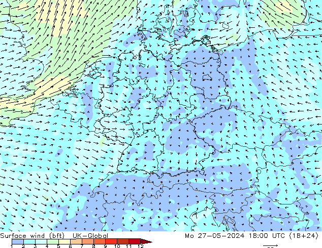 Surface wind (bft) UK-Global Po 27.05.2024 18 UTC