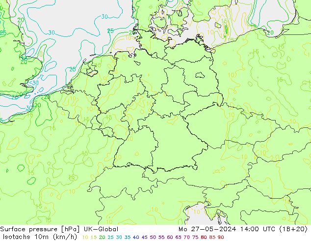 Isotachen (km/h) UK-Global Mo 27.05.2024 14 UTC