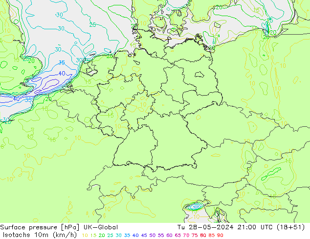 Isotachs (kph) UK-Global Út 28.05.2024 21 UTC