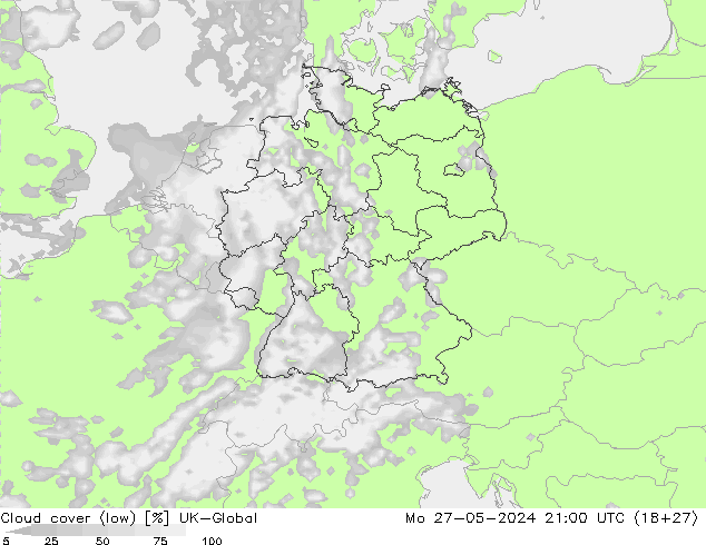 Cloud cover (low) UK-Global Mo 27.05.2024 21 UTC