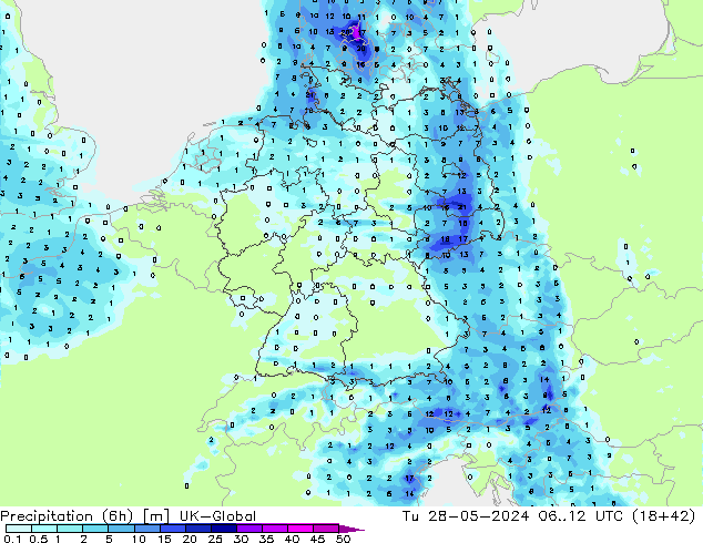 Precipitation (6h) UK-Global Tu 28.05.2024 12 UTC