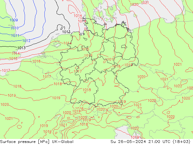 Pressione al suolo UK-Global dom 26.05.2024 21 UTC