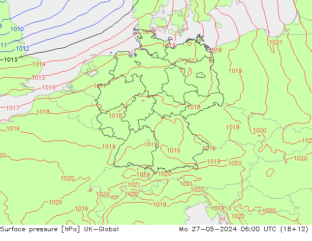 Surface pressure UK-Global Mo 27.05.2024 06 UTC