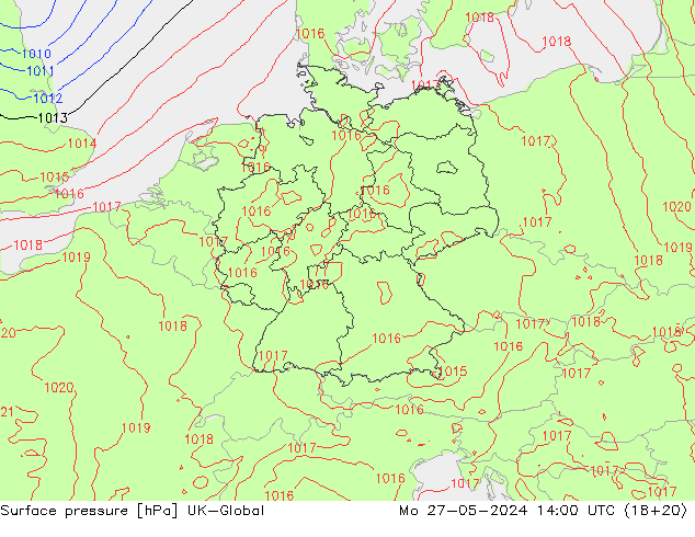 Atmosférický tlak UK-Global Po 27.05.2024 14 UTC