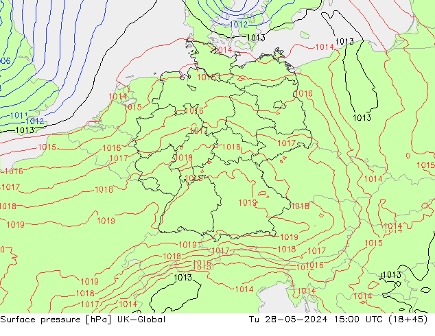 Surface pressure UK-Global Tu 28.05.2024 15 UTC