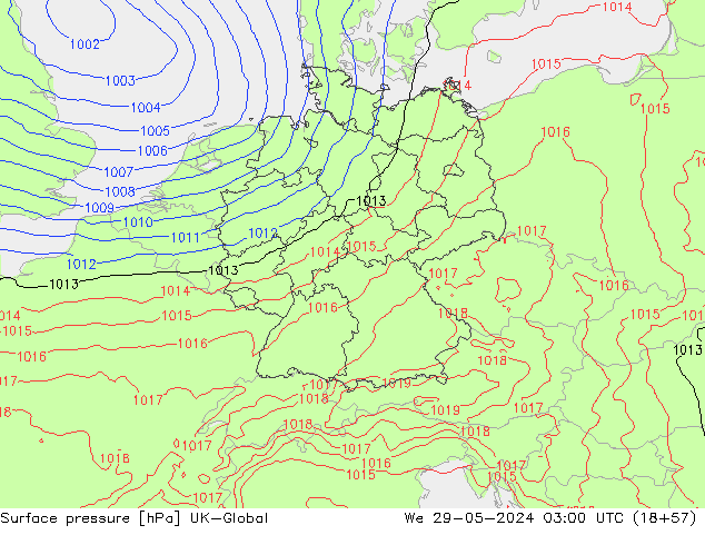 Atmosférický tlak UK-Global St 29.05.2024 03 UTC