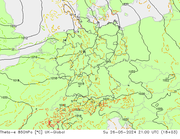 Theta-e 850hPa UK-Global Su 26.05.2024 21 UTC