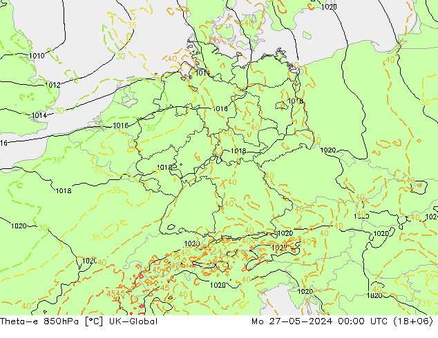 Theta-e 850hPa UK-Global Mo 27.05.2024 00 UTC