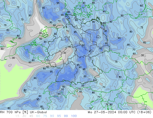 Humidité rel. 700 hPa UK-Global lun 27.05.2024 00 UTC