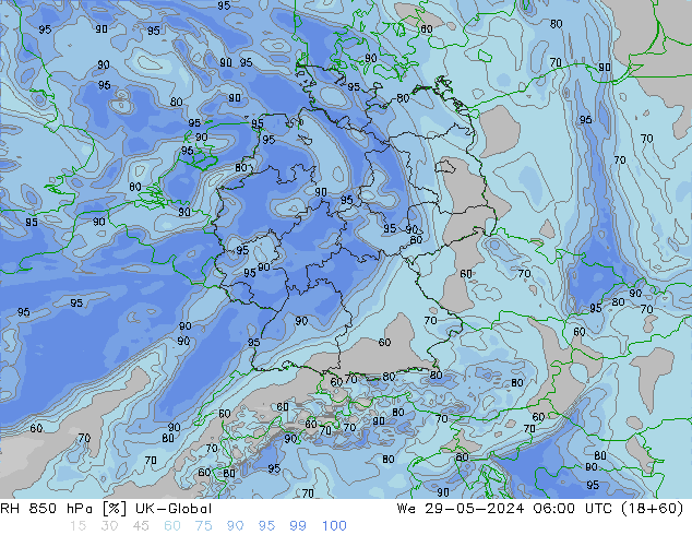 RH 850 hPa UK-Global St 29.05.2024 06 UTC