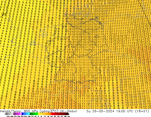 Height/Temp. 850 hPa UK-Global dom 26.05.2024 19 UTC