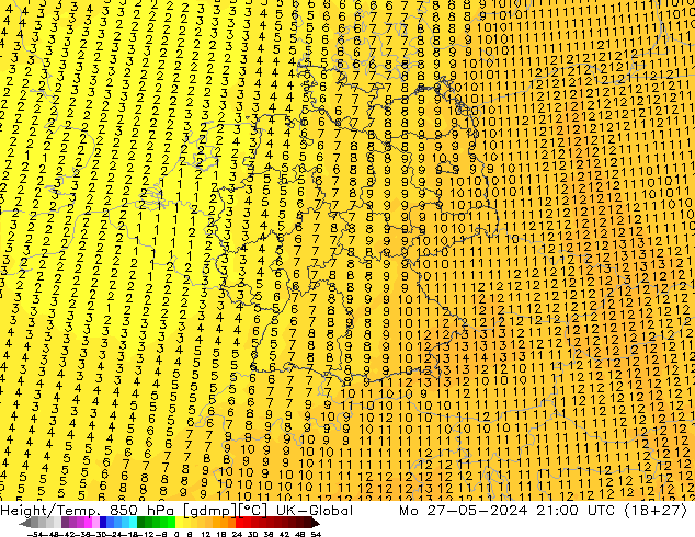 Height/Temp. 850 гПа UK-Global пн 27.05.2024 21 UTC