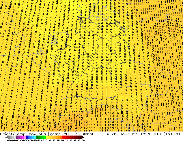 Hoogte/Temp. 850 hPa UK-Global di 28.05.2024 18 UTC