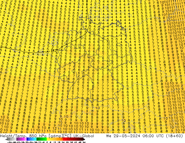 Yükseklik/Sıc. 850 hPa UK-Global Çar 29.05.2024 06 UTC