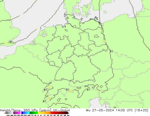 Height/Temp. 950 hPa UK-Global Mo 27.05.2024 14 UTC