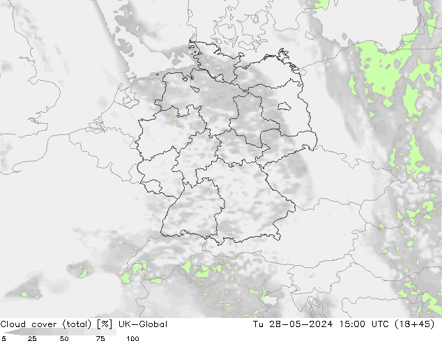 Cloud cover (total) UK-Global Út 28.05.2024 15 UTC