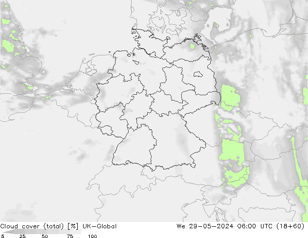 Cloud cover (total) UK-Global We 29.05.2024 06 UTC