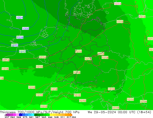 Thck 700-1000 hPa UK-Global St 29.05.2024 00 UTC