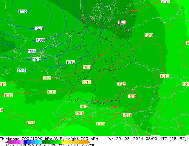 Schichtdicke 700-1000 hPa UK-Global Mi 29.05.2024 03 UTC