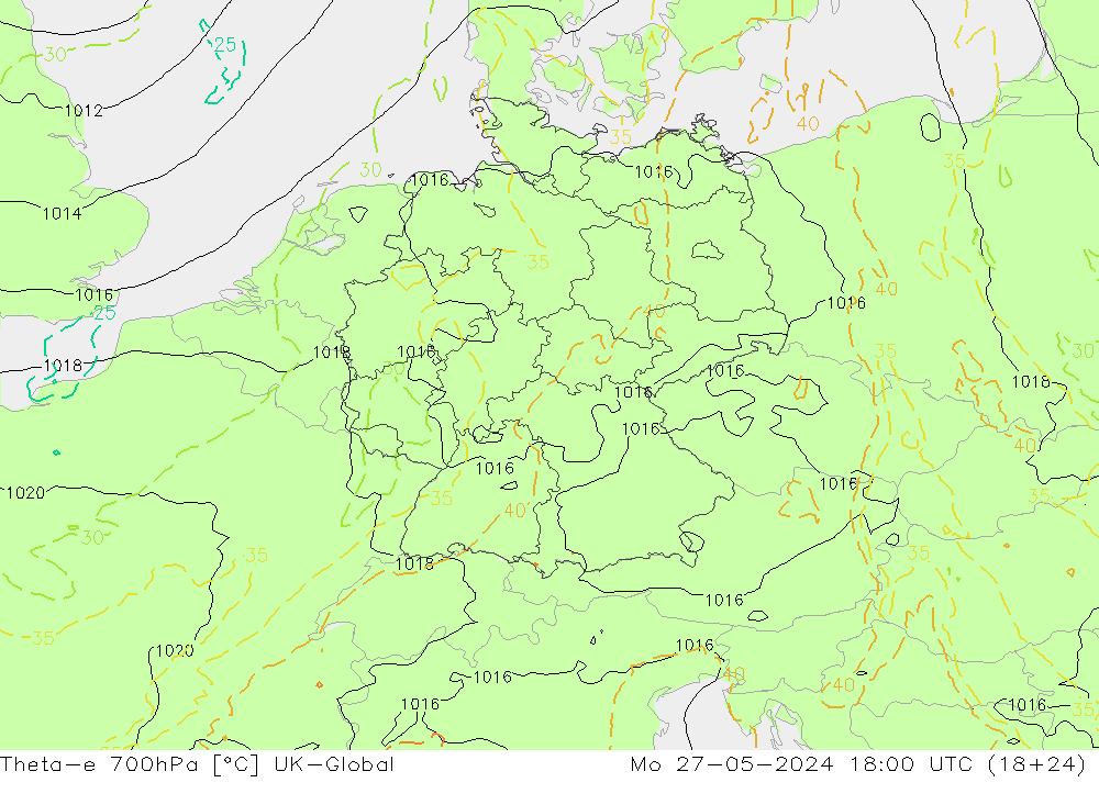 Theta-e 700hPa UK-Global Mo 27.05.2024 18 UTC