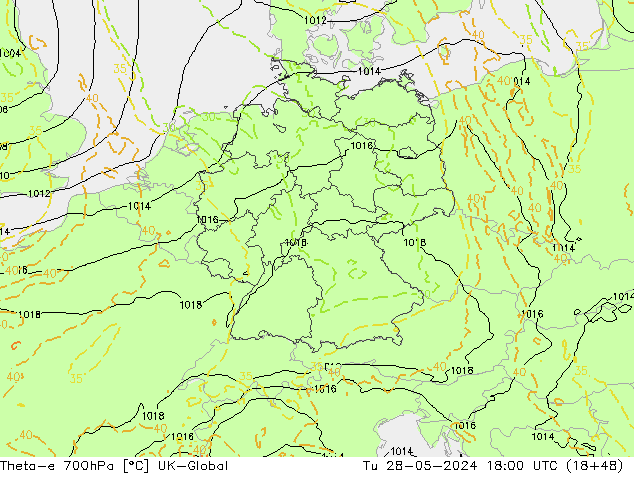 Theta-e 700hPa UK-Global Sa 28.05.2024 18 UTC