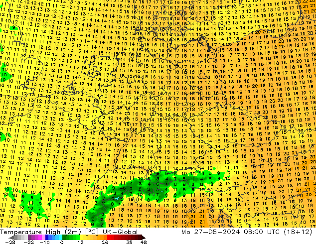 temperatura máx. (2m) UK-Global Seg 27.05.2024 06 UTC