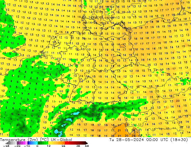 Temperatura (2m) UK-Global mar 28.05.2024 00 UTC
