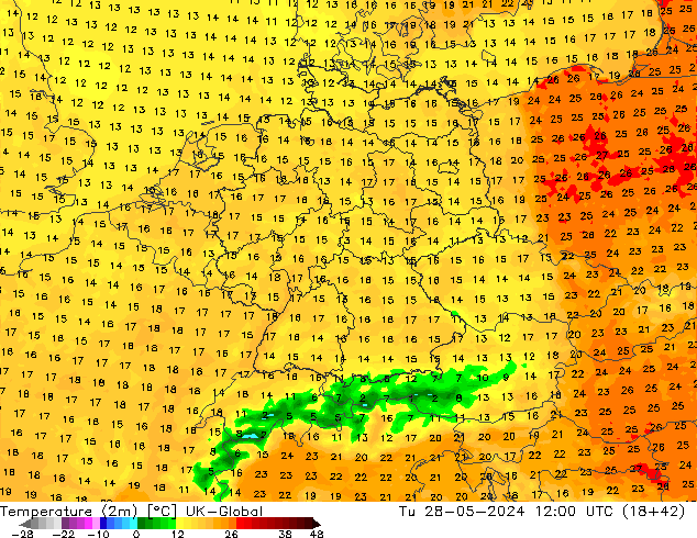 Temperature (2m) UK-Global Út 28.05.2024 12 UTC