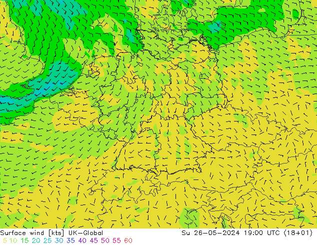 Surface wind UK-Global Su 26.05.2024 19 UTC
