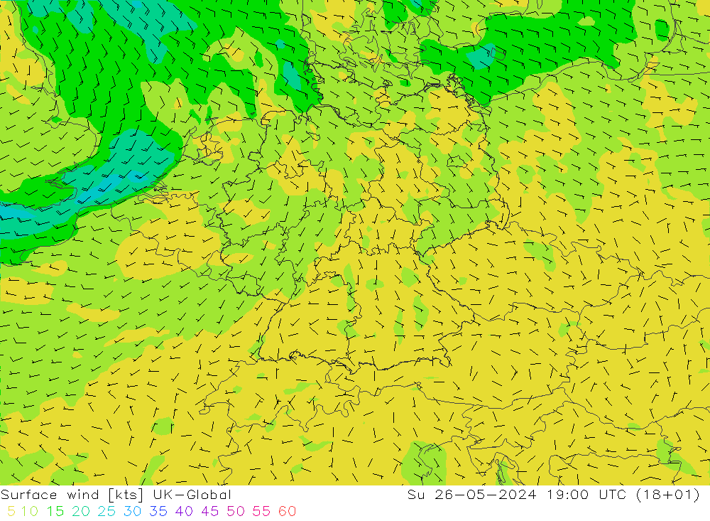 wiatr 10 m UK-Global nie. 26.05.2024 19 UTC