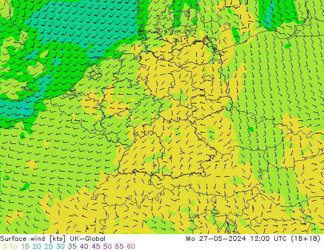 Surface wind UK-Global Mo 27.05.2024 12 UTC