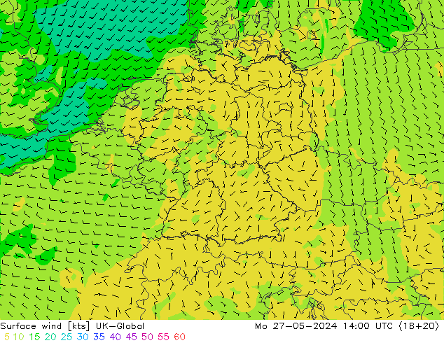 Vento 10 m UK-Global lun 27.05.2024 14 UTC