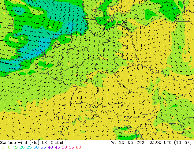 Vento 10 m UK-Global Qua 29.05.2024 03 UTC